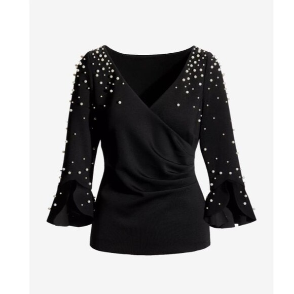 Boston Proper Size 4 Pearl Surplice Flare Sleeve Top - Picture 2 of 3